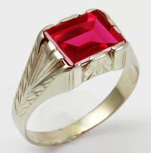 Antique 1920's Art Deco 3ct Window Pane Cut Ruby 14k Solid White Gold Men's Ring