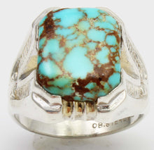 Load image into Gallery viewer, Antique 1920&#39;s Art Deco SIGNED Ostby &amp; Barton Natural RARE #8 Mine Nevada Turquoise Silver Mens Ring