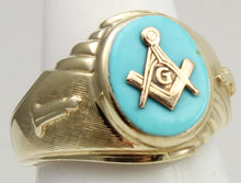 Load image into Gallery viewer, Vintage SIGNED 1960&#39;s Masonic Symbol in Robin&#39;s Egg Blue Natural Turquoise 10k Solid Gold Men&#39;s Ring