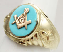 Load image into Gallery viewer, Vintage SIGNED 1960&#39;s Masonic Symbol in Robin&#39;s Egg Blue Natural Turquoise 10k Solid Gold Men&#39;s Ring