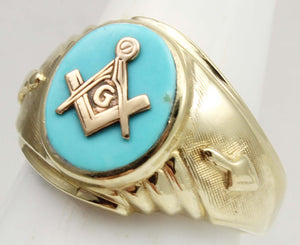 Vintage SIGNED 1960's Masonic Symbol in Robin's Egg Blue Natural Turquoise 10k Solid Gold Men's Ring