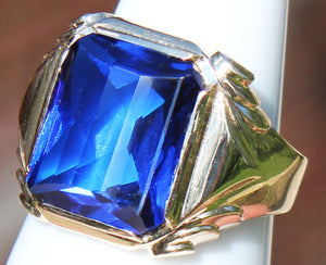 Antique 1920's Art Deco LARGE 9ct RARE Barrel Cut Blue Spinel 10k Solid Yellow Gold Men's Ring