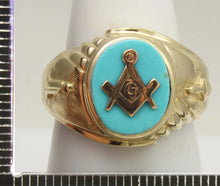 Load image into Gallery viewer, Vintage SIGNED 1960&#39;s Masonic Symbol in Robin&#39;s Egg Blue Natural Turquoise 10k Solid Gold Men&#39;s Ring