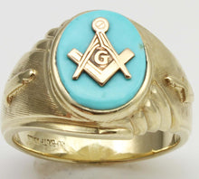 Load image into Gallery viewer, Vintage SIGNED 1960&#39;s Masonic Symbol in Robin&#39;s Egg Blue Natural Turquoise 10k Solid Gold Men&#39;s Ring