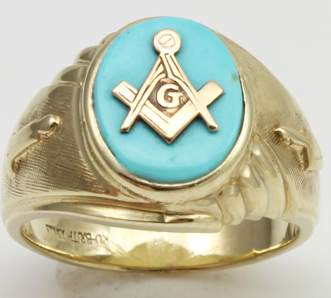 Vintage SIGNED 1960's Masonic Symbol in Robin's Egg Blue Natural Turquoise 10k Solid Gold Men's Ring