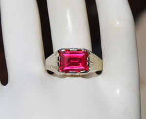 Antique 1920's Art Deco 3ct Window Pane Cut Ruby 14k Solid White Gold Men's Ring