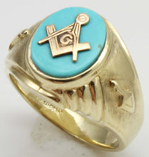 Load image into Gallery viewer, Vintage SIGNED 1960&#39;s Masonic Symbol in Robin&#39;s Egg Blue Natural Turquoise 10k Solid Gold Men&#39;s Ring