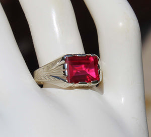 Antique 1920's Art Deco 3ct Window Pane Cut Ruby 14k Solid White Gold Men's Ring