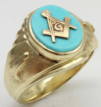 Load image into Gallery viewer, Vintage SIGNED 1960&#39;s Masonic Symbol in Robin&#39;s Egg Blue Natural Turquoise 10k Solid Gold Men&#39;s Ring