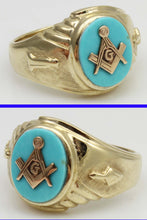 Load image into Gallery viewer, Vintage SIGNED 1960&#39;s Masonic Symbol in Robin&#39;s Egg Blue Natural Turquoise 10k Solid Gold Men&#39;s Ring