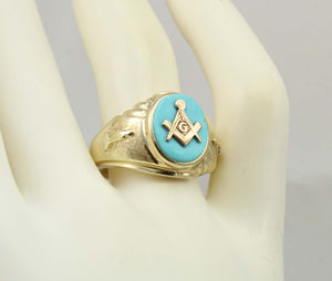 Vintage SIGNED 1960's Masonic Symbol in Robin's Egg Blue Natural Turquoise 10k Solid Gold Men's Ring