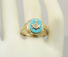 Load image into Gallery viewer, Vintage SIGNED 1960&#39;s Masonic Symbol in Robin&#39;s Egg Blue Natural Turquoise 10k Solid Gold Men&#39;s Ring