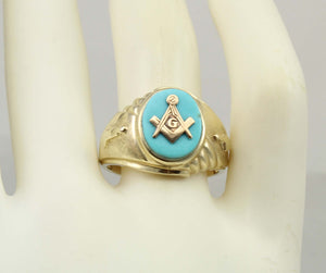 Vintage SIGNED 1960's Masonic Symbol in Robin's Egg Blue Natural Turquoise 10k Solid Gold Men's Ring