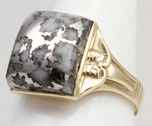 Antique 1920's Art Deco VERY RARE Natural Silver Ore in Quartz Engraved 10k Solid Gold Men's Ring