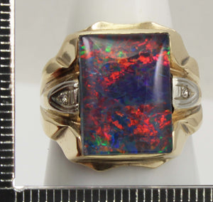 Antique 1920's Art Deco BRIGHT RAINBOW Natural Opal & Diamond Milgrained 10k Solid Gold Men's Ring