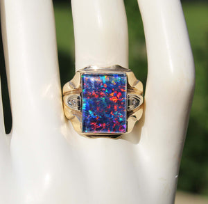 Antique 1920's Art Deco BRIGHT RAINBOW Natural Opal & Diamond Milgrained 10k Solid Gold Men's Ring