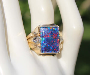 Antique 1920's Art Deco BRIGHT RAINBOW Natural Opal & Diamond Milgrained 10k Solid Gold Men's Ring