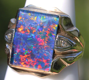 Antique 1920's Art Deco BRIGHT RAINBOW Natural Opal & Diamond Milgrained 10k Solid Gold Men's Ring