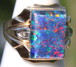 Antique 1920's Art Deco BRIGHT RAINBOW Natural Opal & Diamond Milgrained 10k Solid Gold Men's Ring