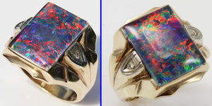 Antique 1920's Art Deco BRIGHT RAINBOW Natural Opal & Diamond Milgrained 10k Solid Gold Men's Ring