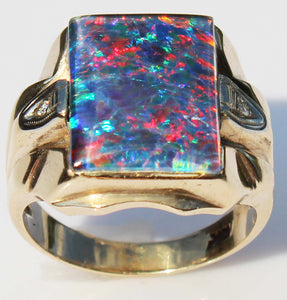 Antique 1920's Art Deco BRIGHT RAINBOW Natural Opal & Diamond Milgrained 10k Solid Gold Men's Ring