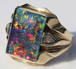 Antique 1920's Art Deco BRIGHT RAINBOW Natural Opal & Diamond Milgrained 10k Solid Gold Men's Ring