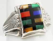 Load image into Gallery viewer, Antique 1920&#39;s Art Deco SIGNED Ostby &amp; Barton Multi Gemstone RARE Intarsia Inlay Silver Men&#39;s Ring