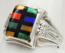 Load image into Gallery viewer, Antique 1920&#39;s Art Deco SIGNED Ostby &amp; Barton Multi Gemstone RARE Intarsia Inlay Silver Men&#39;s Ring