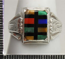 Load image into Gallery viewer, Antique 1920&#39;s Art Deco SIGNED Ostby &amp; Barton Multi Gemstone RARE Intarsia Inlay Silver Men&#39;s Ring