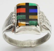 Load image into Gallery viewer, Antique 1920&#39;s Art Deco SIGNED Ostby &amp; Barton Multi Gemstone RARE Intarsia Inlay Silver Men&#39;s Ring