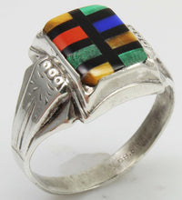 Load image into Gallery viewer, Antique 1920&#39;s Art Deco SIGNED Ostby &amp; Barton Multi Gemstone RARE Intarsia Inlay Silver Men&#39;s Ring