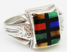 Load image into Gallery viewer, Antique 1920&#39;s Art Deco SIGNED Ostby &amp; Barton Multi Gemstone RARE Intarsia Inlay Silver Men&#39;s Ring