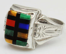 Load image into Gallery viewer, Antique 1920&#39;s Art Deco SIGNED Ostby &amp; Barton Multi Gemstone RARE Intarsia Inlay Silver Men&#39;s Ring