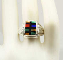 Load image into Gallery viewer, Antique 1920&#39;s Art Deco SIGNED Ostby &amp; Barton Multi Gemstone RARE Intarsia Inlay Silver Men&#39;s Ring