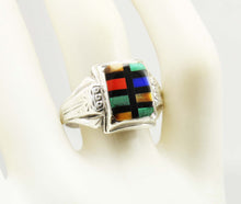 Load image into Gallery viewer, Antique 1920&#39;s Art Deco SIGNED Ostby &amp; Barton Multi Gemstone RARE Intarsia Inlay Silver Men&#39;s Ring