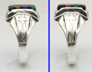 Antique 1920's Art Deco SIGNED Ostby & Barton Multi Gemstone RARE Intarsia Inlay Silver Men's Ring