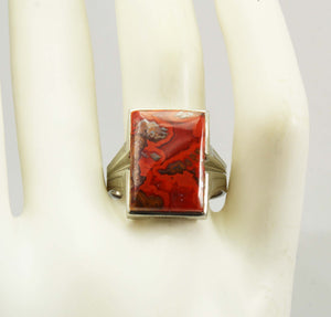 Antique SIGNED 1920's Art Deco LARGE RARE Natural Banded Red Agate 10k Solid White Gold Men's Ring