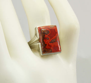 Antique SIGNED 1920's Art Deco LARGE RARE Natural Banded Red Agate 10k Solid White Gold Men's Ring