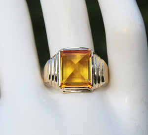 Vintage 1940's 6ct Unusual Peaked Cut GOLDEN YELLOW SAPPHIRE 10k Solid Yellow Gold Men's Ring