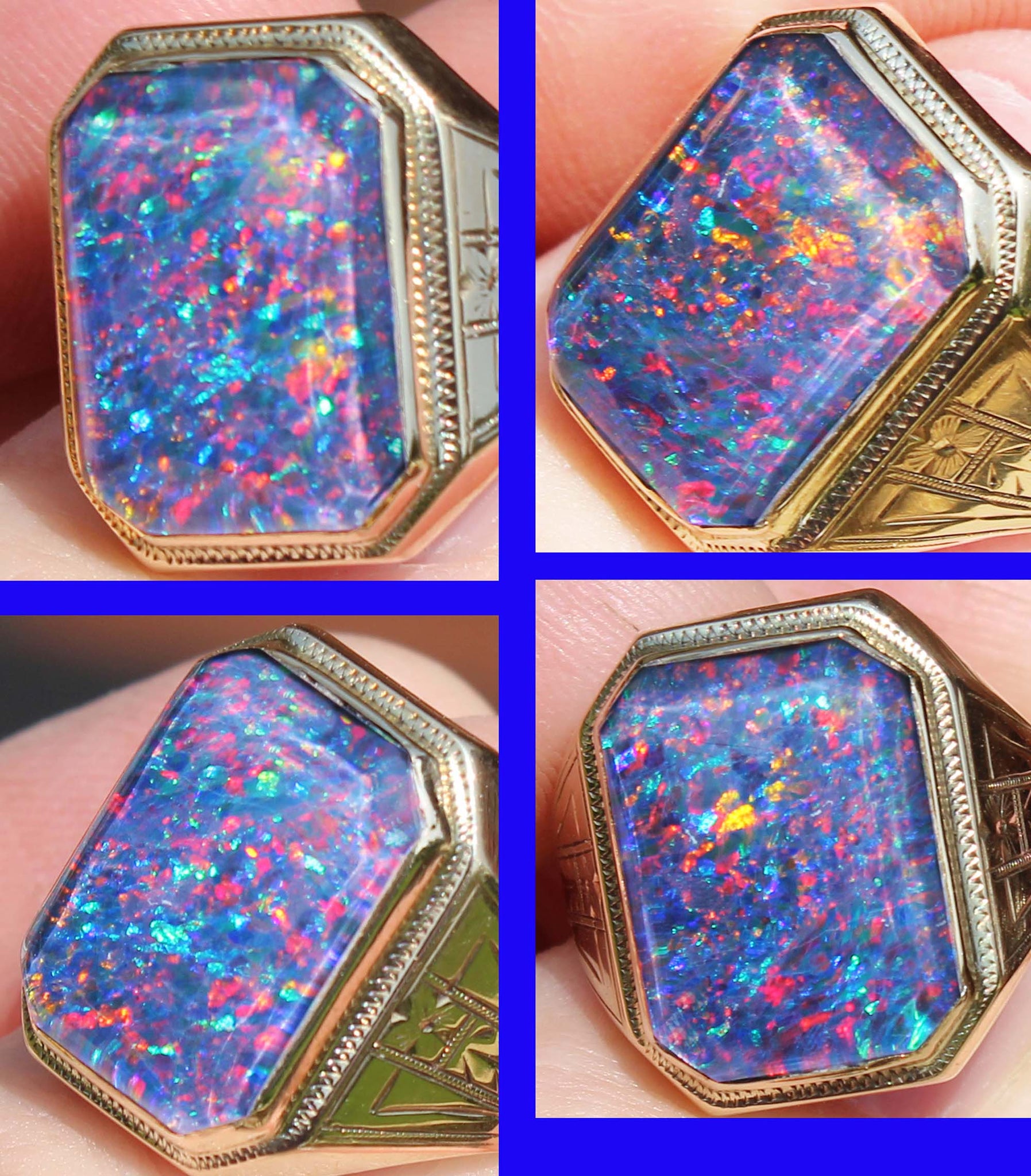 Antique 1920's Are Deco LARGE BRIGHT RAINBOW Natural Opal Engraved