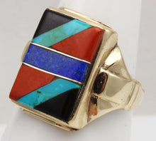 Load image into Gallery viewer, Antique 1920&#39;s Art Deco Natural Lapis Jasper Turquoise Onyx Intarsia Inlay 10k Solid Gold Men&#39;s Ring