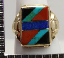 Load image into Gallery viewer, Antique 1920&#39;s Art Deco Natural Lapis Jasper Turquoise Onyx Intarsia Inlay 10k Solid Gold Men&#39;s Ring