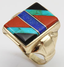 Load image into Gallery viewer, Antique 1920&#39;s Art Deco Natural Lapis Jasper Turquoise Onyx Intarsia Inlay 10k Solid Gold Men&#39;s Ring