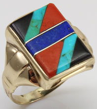 Load image into Gallery viewer, Antique 1920&#39;s Art Deco Natural Lapis Jasper Turquoise Onyx Intarsia Inlay 10k Solid Gold Men&#39;s Ring