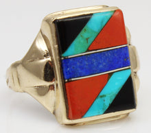 Load image into Gallery viewer, Antique 1920&#39;s Art Deco Natural Lapis Jasper Turquoise Onyx Intarsia Inlay 10k Solid Gold Men&#39;s Ring