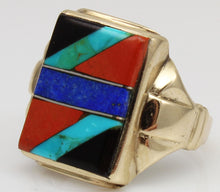 Load image into Gallery viewer, Antique 1920&#39;s Art Deco Natural Lapis Jasper Turquoise Onyx Intarsia Inlay 10k Solid Gold Men&#39;s Ring