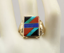 Load image into Gallery viewer, Antique 1920&#39;s Art Deco Natural Lapis Jasper Turquoise Onyx Intarsia Inlay 10k Solid Gold Men&#39;s Ring