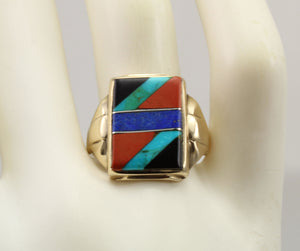 Antique 1920's Art Deco Natural Lapis Jasper Turquoise Onyx Intarsia Inlay 10k Solid Gold Men's Ring