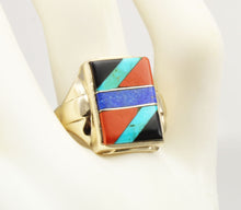 Load image into Gallery viewer, Antique 1920&#39;s Art Deco Natural Lapis Jasper Turquoise Onyx Intarsia Inlay 10k Solid Gold Men&#39;s Ring