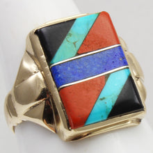 Load image into Gallery viewer, Antique 1920&#39;s Art Deco Natural Lapis Jasper Turquoise Onyx Intarsia Inlay 10k Solid Gold Men&#39;s Ring